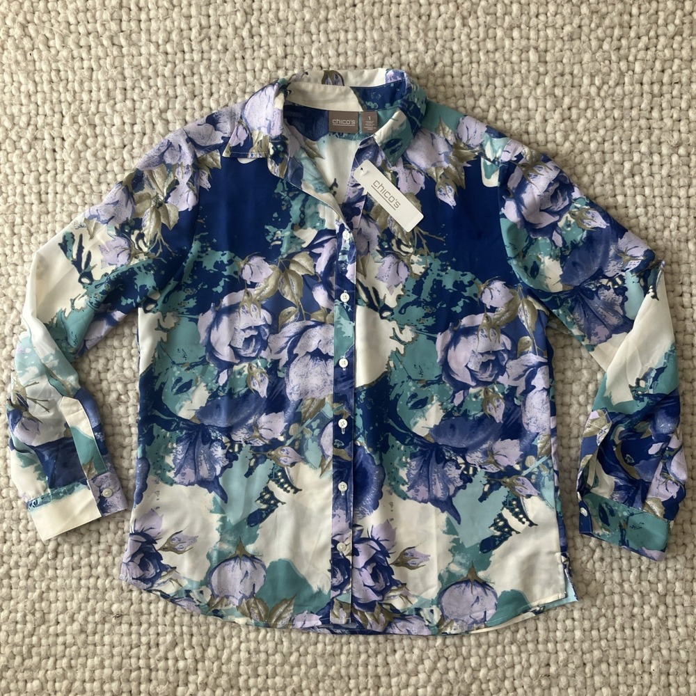 NWT Chicos Rose Garden Sophia Top US Size 1 Button Up Boho Artsy Business Casual
